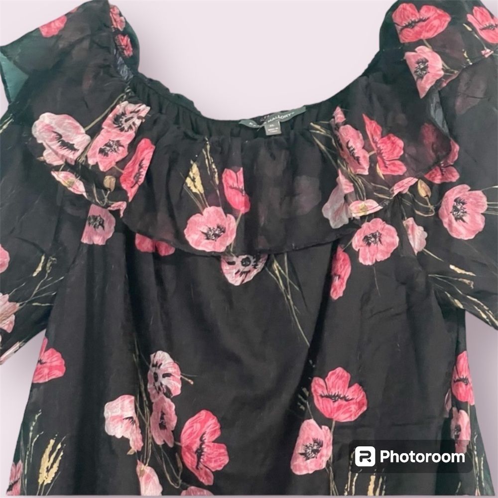 Kate & Mallory top XL ruffle neckline sheer floral over lined bodice adj sleeves - Picture 3 of 12